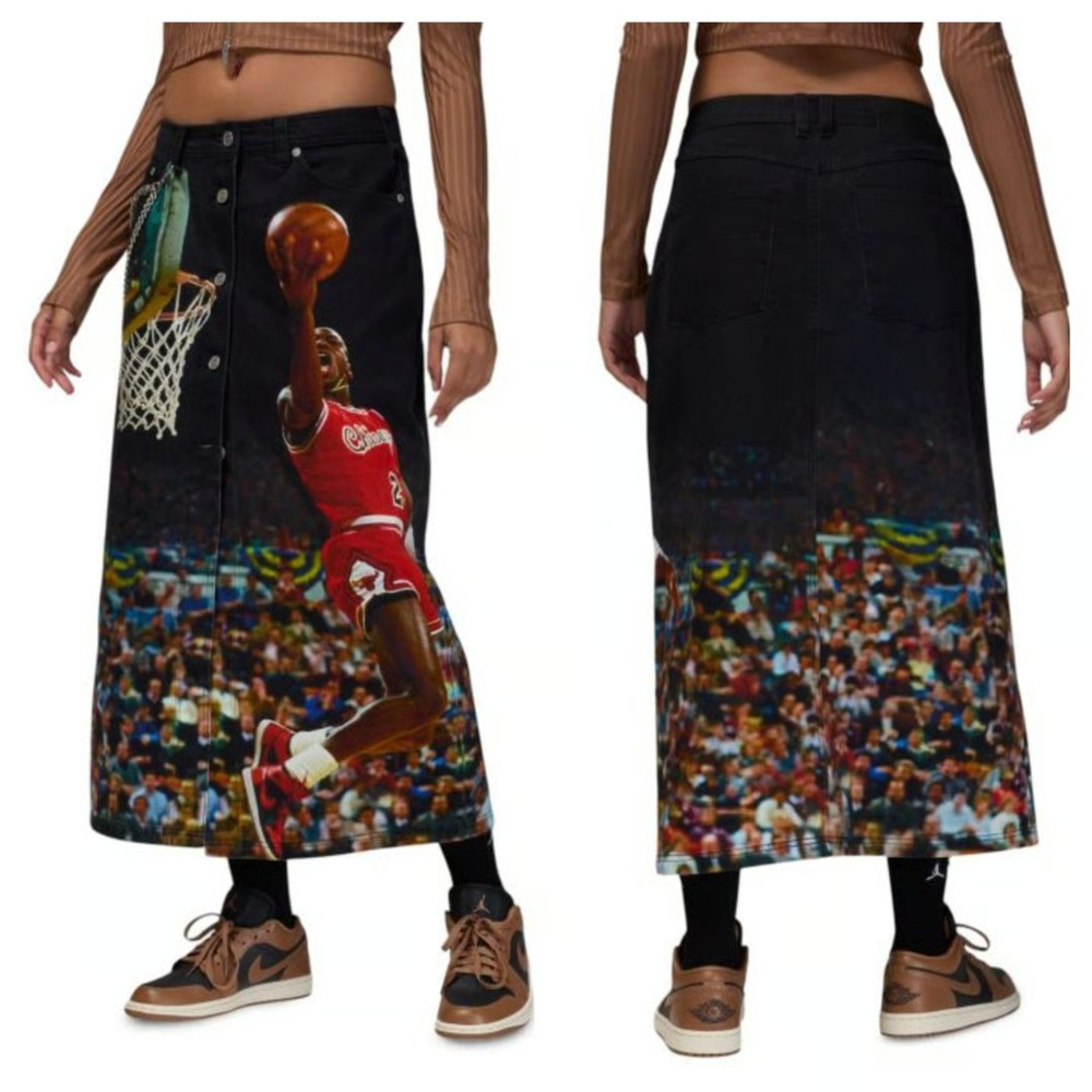 Air Jordan Printed Midi Skirt Denim Jean Women's Medium Blk Red Bulls FZ9288-010